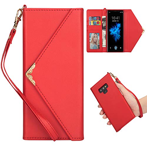 Shinyzone Stylish Envelope Design Case for Samsung Galaxy Note 9 Premium Leather Wallet Case with Credit Card Holder & Wrist Strap Handbag Magnetic Flip Cover Red - B07GJLHQYZ